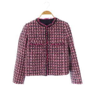 LINTON ラメモールツィードクルージャケット ノーカラージャケット モヘヤ混 36 ピンク マルチカラー