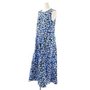 LANVIN en Bleu Floating Flower プリントフレアワンピース ノースリーブ 36 ブルー マルチカラー /ES