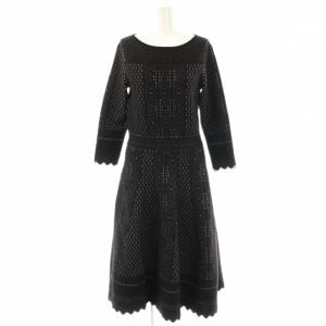 ニットバイカラーレースジャガードフレアワンピース 長袖 ロング 38 ブラック ホワイト /DO OS