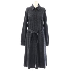 チェック 長袖 シャツワンピースロング M ネイビー ブラック /HK OS