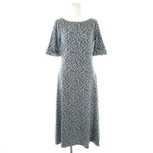 小花柄 半袖 ワンピース M ネイビー ホワイト /ES OS