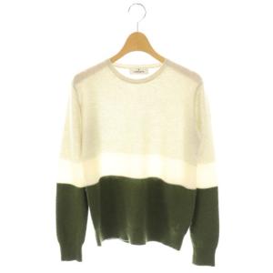 ブラン BLANC 装飾バイカラーカシミヤクルーネックニット セーター 38 ライトグレー オフホワイト