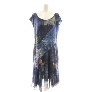 プリント ワンピース ミモレ ロング フレンチスリーブ XL 紺 ネイビー /AT OS