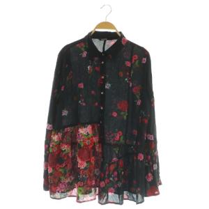 プリント シャツ 長袖 花柄 スリット レーヨン L ブラック /MY OS