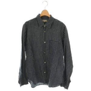 リネンボックスシャツ 長袖 前開き チェック M 紺 白 /NR OS