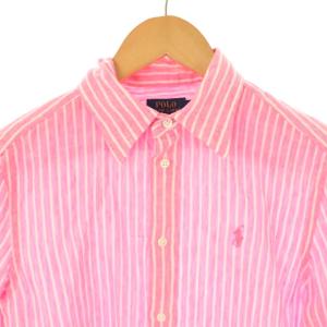 RALPH LAUREN リネン ストライプ シャツ ポニー刺繍 XS ピンク 白 /CX OS