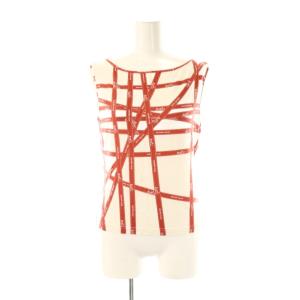 リボン柄ノースリーブカットソー タンクトップ L レッド 赤 ホワイト 白 /CX OS
