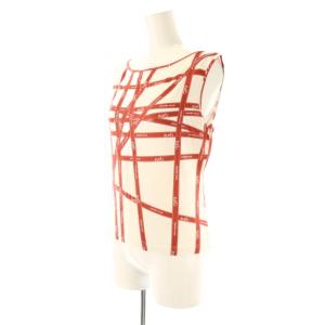 HERMES リボン柄ノースリーブカットソー タンクトップ L レッド 赤 ホワイト 白 /CX OS