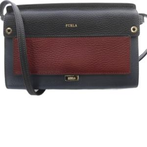 FURLA レザー LIKE クロスボディ ショルダーバッグ ロゴ 紺 ネイビー 赤 レッド /SR