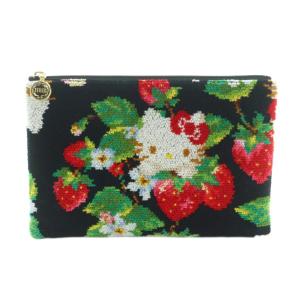 ハローキティストロベリー フラットポーチ 総柄 黒 ブラック 白 ホワイト 赤 レッド 緑 グリーン /MI