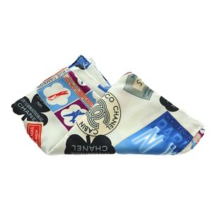 CHANEL スカーフ シルク ココマーク エアライン 総柄 白 ホワイト 青 ブルー 赤 レッド /MI OS