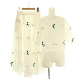 セットアップ 上下 花柄刺繍 ブラウス 五分袖 プルオーバー スカート ロング フレア コットン 1 白