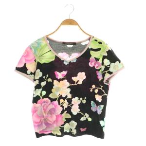 ファッション 花柄 Vネック 半袖 カットソー Tシャツ L ブラック マルチカラー /ES OS