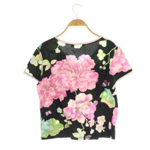 LEONARD ファッション 花柄 Vネック 半袖 カットソー Tシャツ L ブラック マルチカラー /ES OS