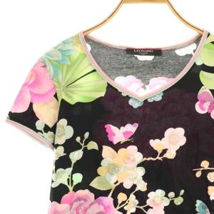 LEONARD ファッション 花柄 Vネック 半袖 カットソー Tシャツ L ブラック マルチカラー /ES OS