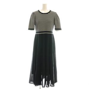 シアーボリューム半袖ニットワンピース ミモレ ロング ボーダー 36 黒 ブラック 白 ホワイト /AT