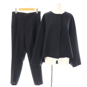 クールジョーゼットノーカラージャケット×パンツ スーツ セットアップ 38 ネイビー