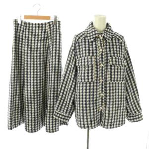 セットアップ パールボタン ツイード ジャケット フレアスカート ロング 1 ホワイト ブルー /HK