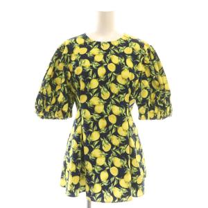 レモンプリントブラウス ペプラム 半袖 M ネイビー イエロー /DF OS SH
