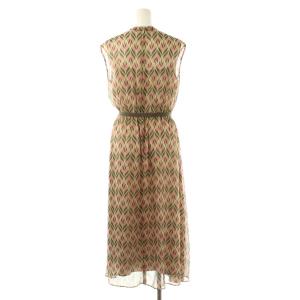 ANAYI リーフ楊柳幾何Vネックフレア ワンピース ミモレ ロング ノースリーブ 36 ベージュ /AT OS