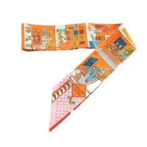 HERMES La Maison des Carres ツイリー スカーフ シルク 総柄 オレンジ マルチカラー /MI