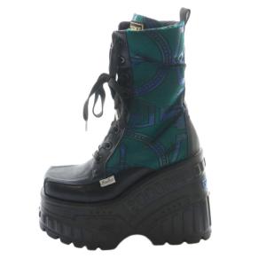 YOSUKE 厚底レースアップミドルブーツ マルチカラー 黒 ブラック 緑 グリーン 23.5?p 2601126 /SS