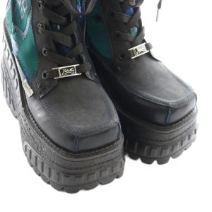 YOSUKE 厚底レースアップミドルブーツ マルチカラー 黒 ブラック 緑 グリーン 23.5?p 2601126 /SS