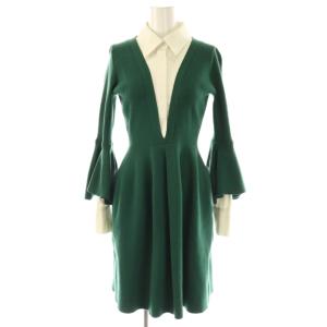 シャツドッキングニットミニワンピース 長袖 フレア F 緑 グリーン 白 ホワイト /AT OS