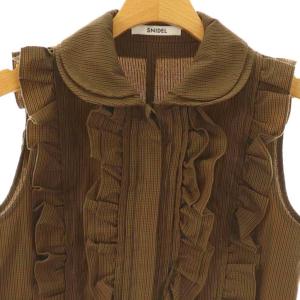 SNIDEL 25SS ノースリーブ クロップド丈 フリルブラウス シャツ チェック F ブラウン 前開き /CX OS