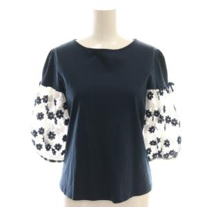 24年製 花柄刺繍 チュールスリーブ ブラウス 七分袖 38 紺 ネイビー 白 ホワイト /AT OS