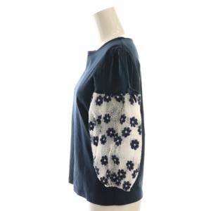 M'S GRACY 24年製 花柄刺繍 チュールスリーブ ブラウス 七分袖 38 紺 ネイビー 白 ホワイト /AT OS