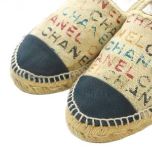 CHANEL エスパドリーユシューズ 37 23.5cm ベージュ ネイビー 紺 ココマーク総柄 G29762 /RI