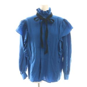 YVES SAINT LAURENT セットアップ リボン付き ウール フリル ブラウス プリーツスカート M ブルー 青 /CX OS