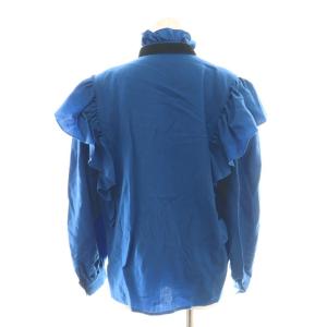 YVES SAINT LAURENT セットアップ リボン付き ウール フリル ブラウス プリーツスカート M ブルー 青 /CX OS