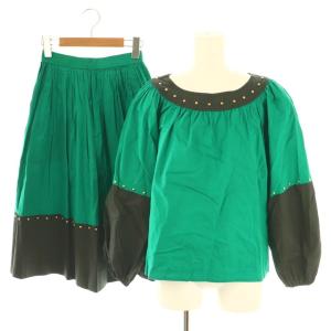 セットアップ スタッズ ブラウス 長袖 スカート ギャザー 膝丈 6 グリーン /HK OS
