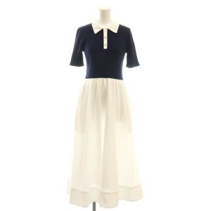 25SS 襟付ドッキングニットワンピース マキシ ロング 1 紺 ネイビー 白 ホワイト /AT OS