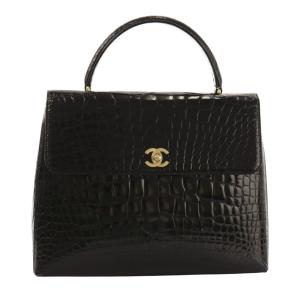 6番台 2000年代 トップハンドル ハンドバッグ クロコ型押し エナメル ブラック