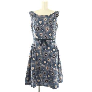 フラワーエンブロイダリーウエストリボンノースリーブワンピース 膝丈 0 青 ブルー /AT OS