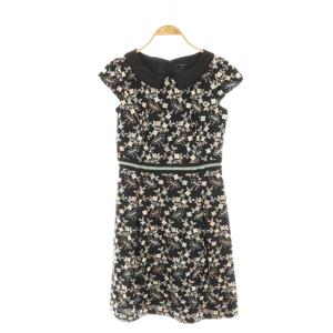 襟付きフラワー刺繍 ウエストリボン キャップスリーブワンピース 膝丈 半袖 2 黒 ブラック /AT OS