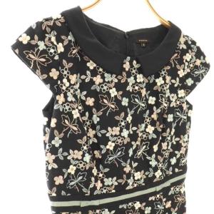 TOCCA 襟付きフラワー刺繍 ウエストリボン キャップスリーブワンピース 膝丈 半袖 2 黒 ブラック /AT OS