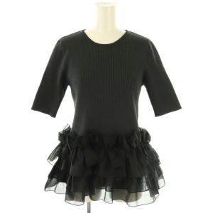 リボン ペプラム ニット セーター 五分袖 チャコールグレー ブラック /ES OS