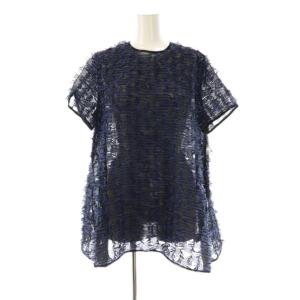 リボン カットジャカード ショートスリーブ ブラウス ブルー ブラック /DF OS