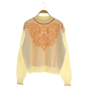 柄 クルーネック ニット セーター 長袖 M ホワイト ピンク /MY OS