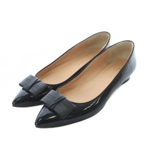 パンプス リボン ローヒール ポインテッドトゥ エナメル 25cm 黒 ブラック SH /RI OS