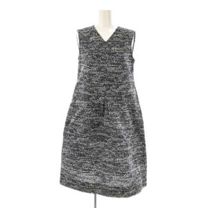 総柄ノースリーブワンピース Vネック コットン 38 濃紺 ネイビー 白 ホワイト /CX OS