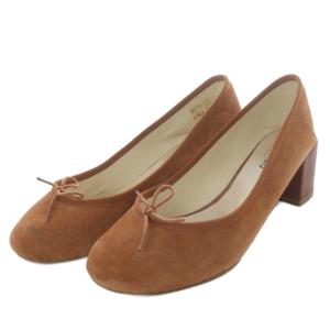 パンプス チャンキーヒール リボンモチーフ スエード 38 ブラウン /YO12
