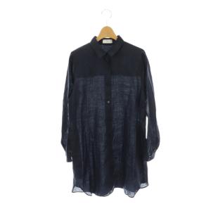 ラミーリネン長袖ロングシャツ 前開き 38 ネイビー 紺色 /CX OS