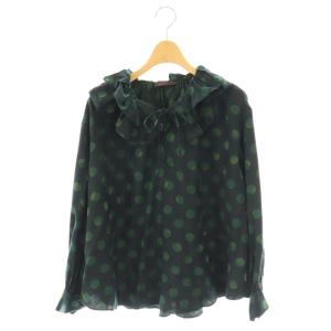 ドゥーブルドットプリントブラウス シャツ プルオーバー フリルカラー 36 ブラック グリーン /CX