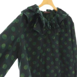 TOMORROWLAND collection ドゥーブルドットプリントブラウス シャツ プルオーバー フリルカラー 36 ブラック グリーン /CX