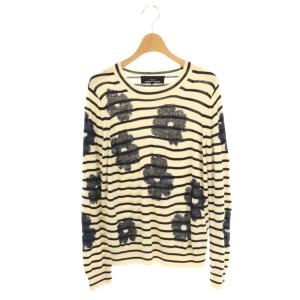 ウールフラワージャガードボーダーニット セーター S アイボリー ネイビー ブラック /ES OS
